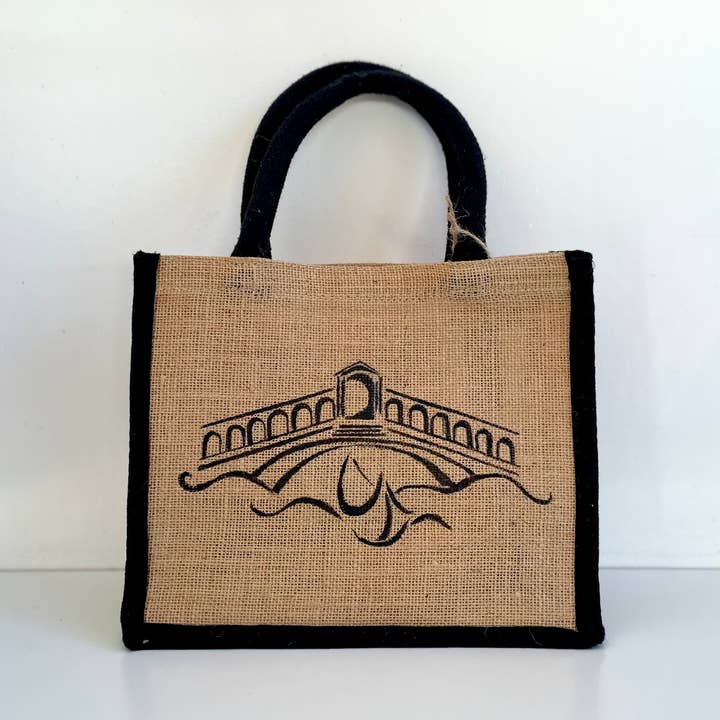 Pequeno saco em juta crua com a ponte do Rialto pintada à mão por atacado de Elles et No.