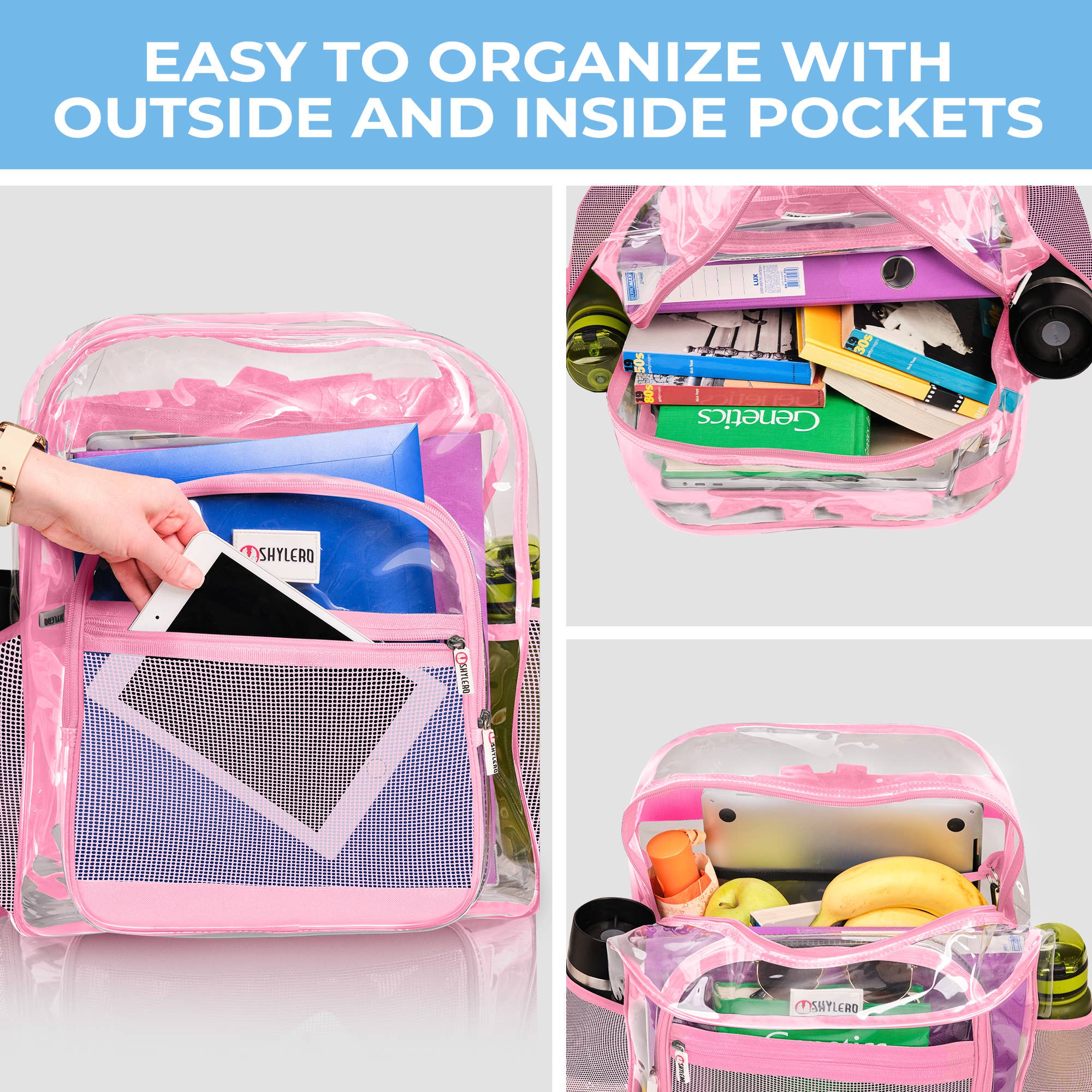 Rhinocéros rose Sac à dos transparent pour école XL | Fermeture éclair supérieure YKK® | Pink Rhino en vente sur Faire5