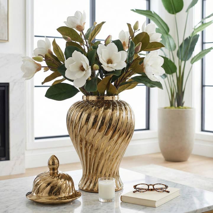 Vaso a Tempio in Ceramica Oro 20 pollici con Motivo a Spirale Solido Novelty per la vendita all'ingrosso da parte di Sagebrook Home