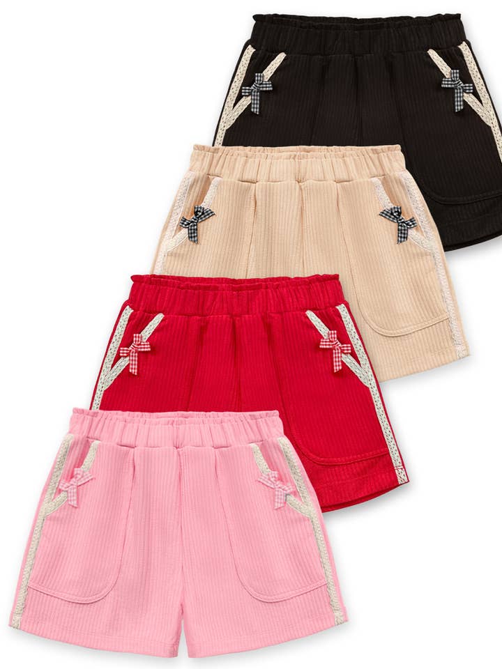 GKS-Q26-38283B Girls Knit Ribbed Bow & Crochet Trim Shorts for wholesale by Cutie Patootie Clothing