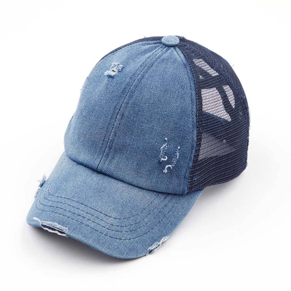 Hana - Wholesale Ponytail Cap - Women's - C.C Washed Denim with Crossed Elastic Band Mesh Pony Cap7