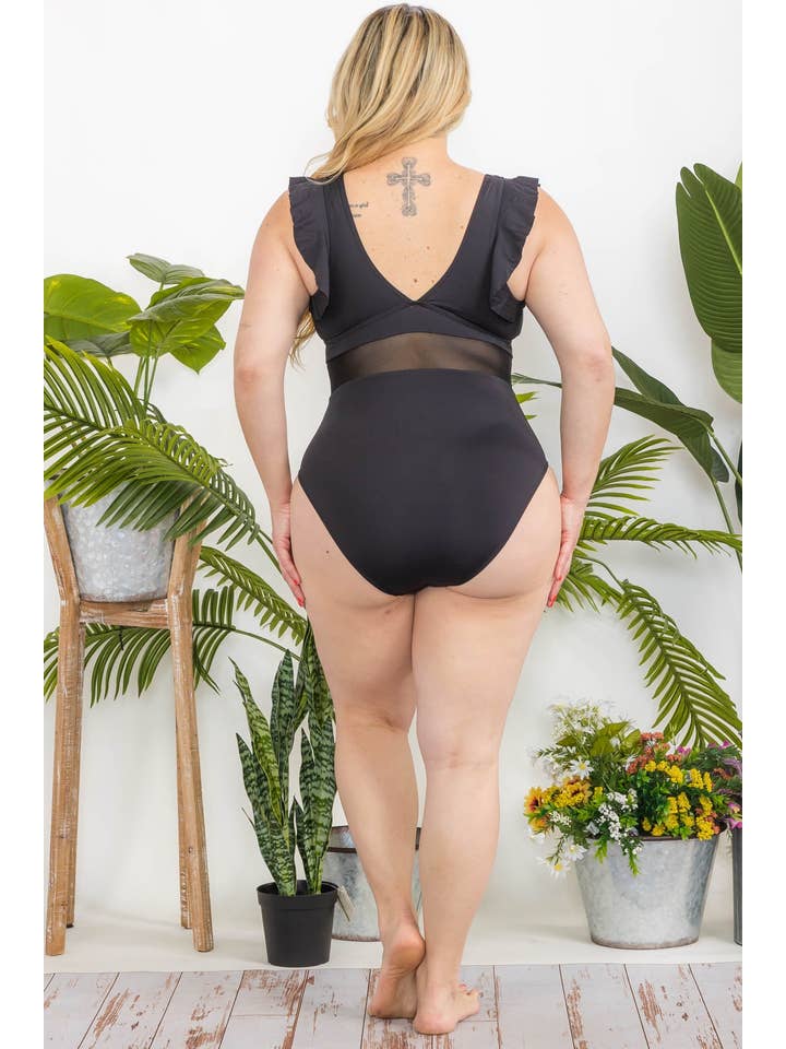 H3042 Black Ruffle One-Piece Swimsuit for wholesale on Faire4