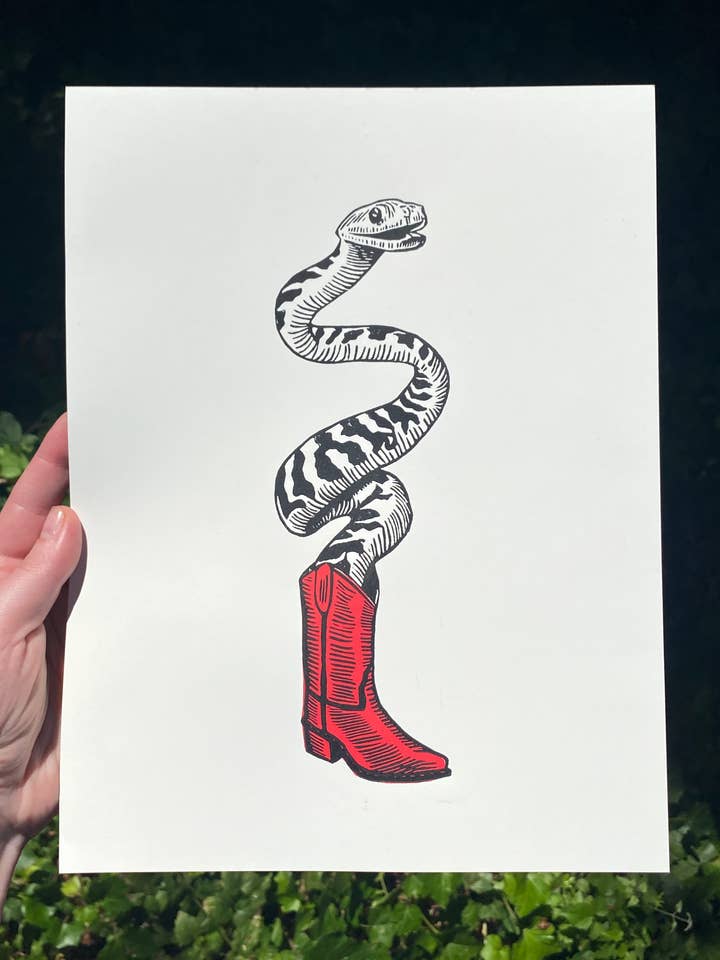 Snake in Boot Linocut Print for wholesale by Augury Press