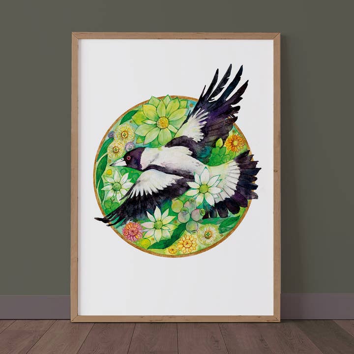 Arte em aquarela Magpie//A primavera está aqui//Pássaro australiano//Arte de parede por atacado de Watercolour By Cat