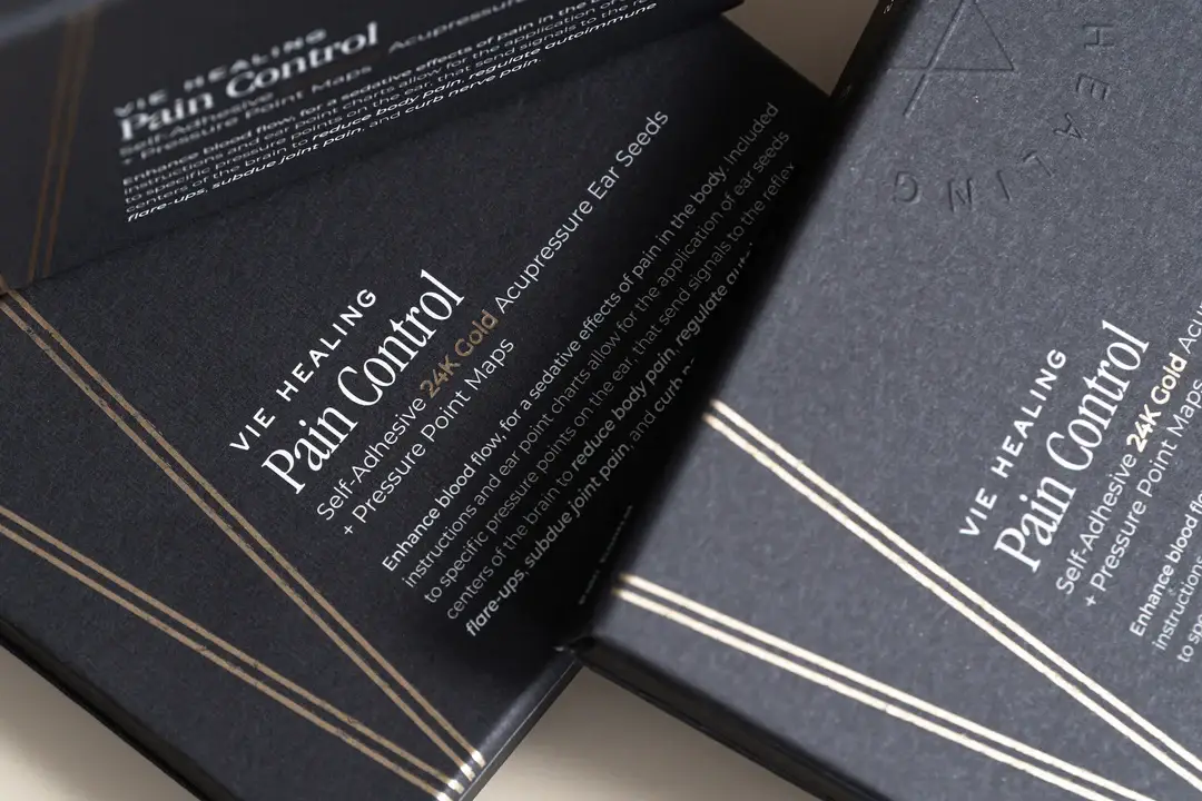 VIE HEALING – Material de acupuntura por atacado – Kit Controle da Dor com Sementes Auriculares de Ouro 24K1