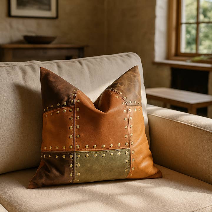 MLC - Wholesale Chair Cushion - Rustic Studded Leather Cushion Cover – Tan & Olive Patchwork Accent1