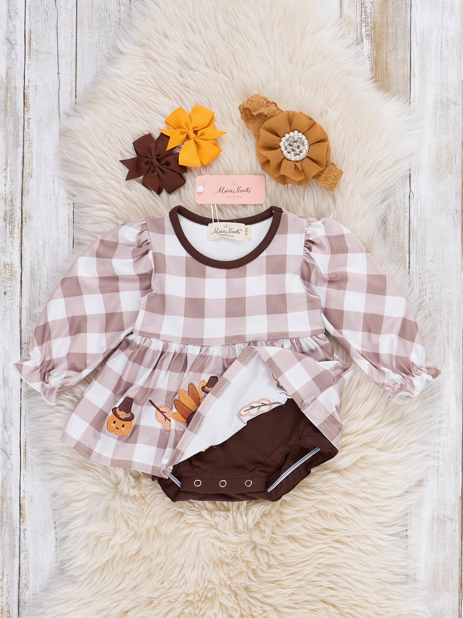 Marie Nicole Clothing - Wholesale Bodysuit (Non-Footed) - Baby - Turkey Gingham Celebration Embroidered Bubble2