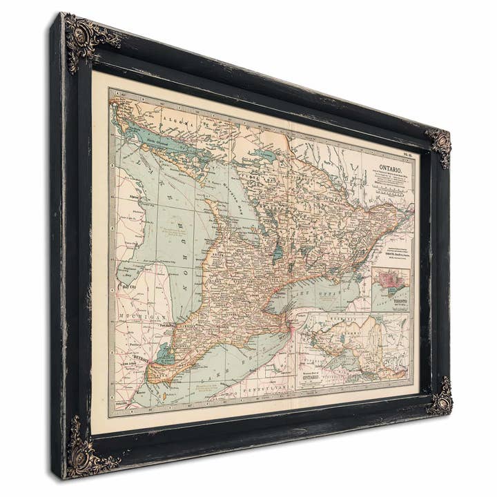 Framed Ontario Vintage Map - Ornate Embellishment Frame with Print for wholesale by Bella Frye