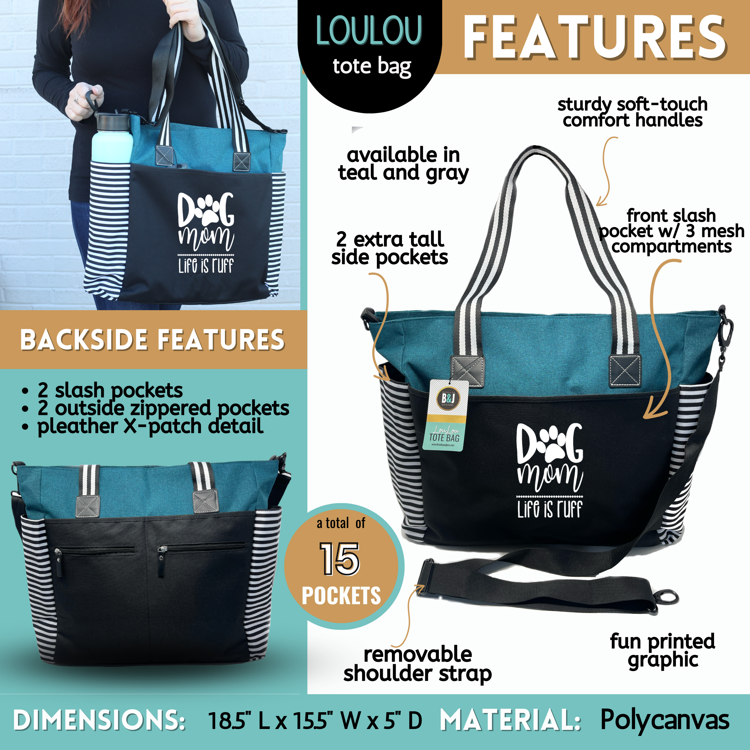 Brooke & Jess Designs – Sacola - Mulher por atacado – Coleção de bolsas tote Dog Mom8