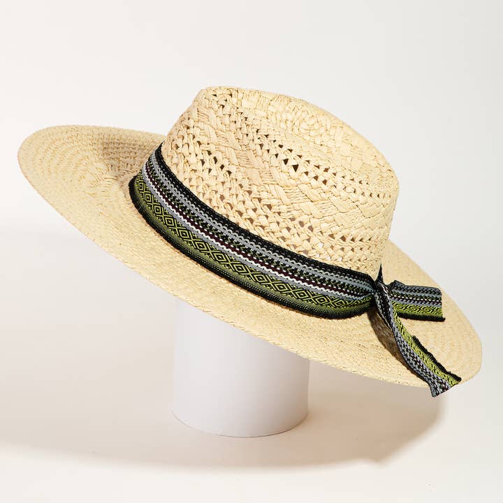 Boho Pattern Ribbon Straw Braided Hat for wholesale by Collections by Fame Accessories