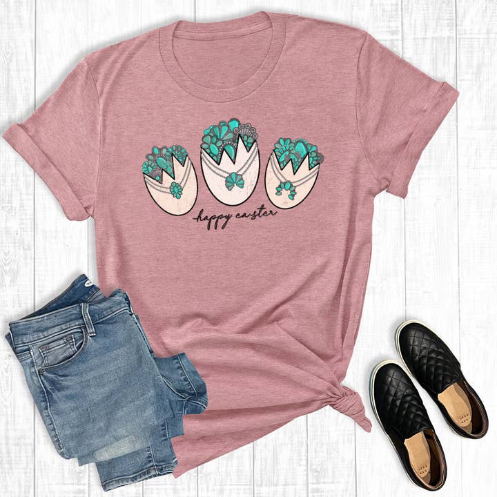 Western Happy Easter Turquoise Eggs Graphic Tee for wholesale by The Way Down South