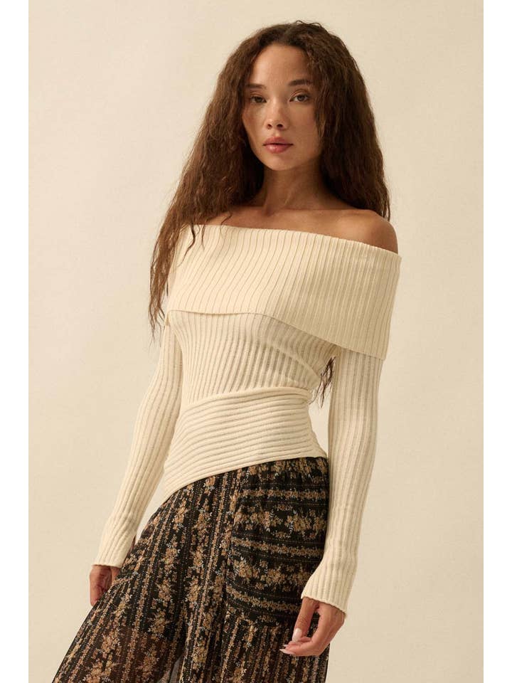 Promesa USA - Wholesale Knit Sweater - Women's - Sheer Rib-Knit Off-Shoulder Foldover Sweater22