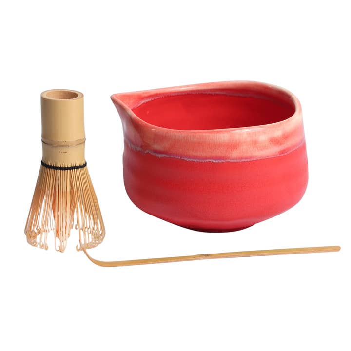 Matcha Set 20oz Porcelain Latte Bowl with Whisk and Scoop Red Pink (1/16) for wholesale by Urban Tokyo