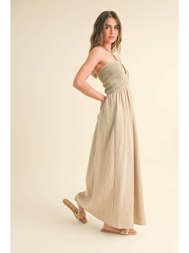 MIOU MUSE - Wholesale Dress - Women's - D3449 WASHED GAUZE WITH CROCHET TOP CONTRAST DRESS
