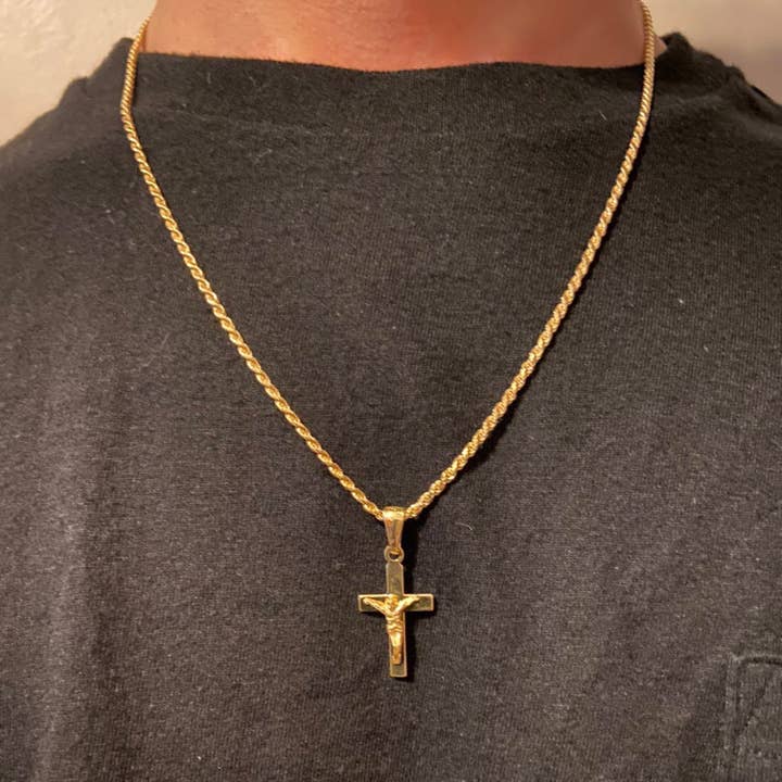 14k Gold Vermeil Cross and 20in 2mm Rope Chain Set for wholesale by Prestige Jewelry
