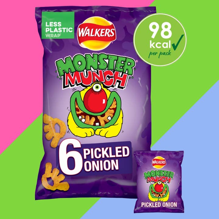 Walkers Monster Munch Pickled Onion Snacks 6 Pack 18 x (6 x 22g) for wholesale by Gaffney's Sweets & Treats Wholesale
