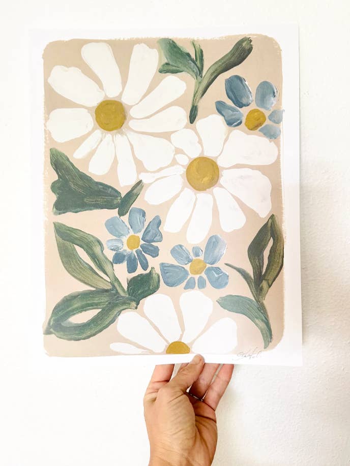 Impression d'art florale à l'aquarelle blanche moderne du milieu du siècle pour la vente par Shelby Kregel Art and Design