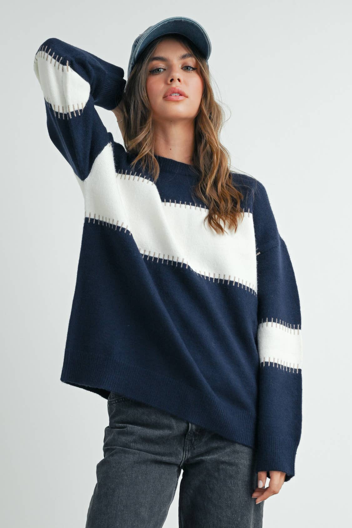 NAVY IVORY Color Block Striped Crew Neck Sweater - BMW7501 for wholesale on Faire3