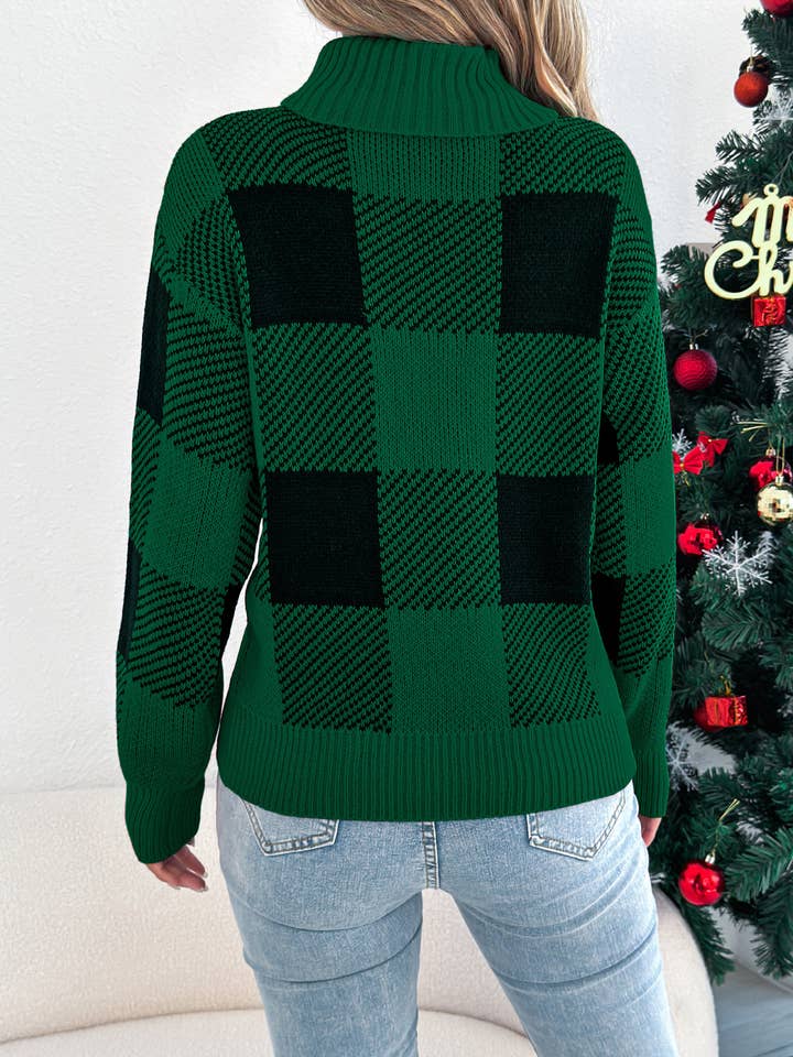 Comely Fashion - Wholesale Knit Sweater - Women's - Plaid Colorblock Turtleneck Christmas Sweater7