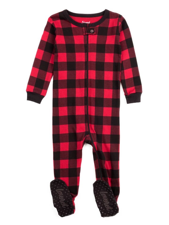 Kids Footed Cotton Pajama Black & Red Plaid Pajama Christmas for wholesale by Leveret Pajamas