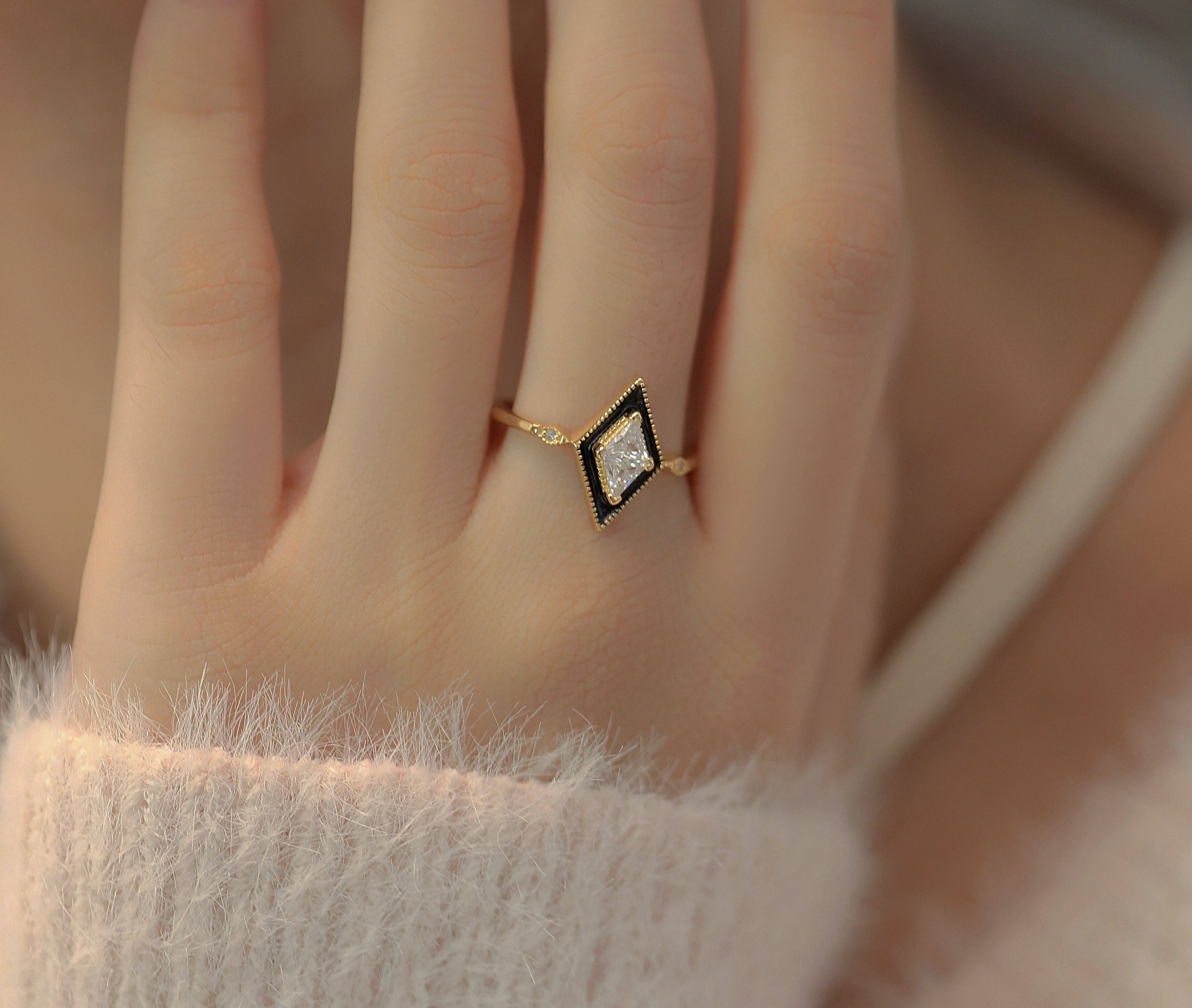 happyzzzsu - Wholesale Multi-Stone Ring - Sterling Silver Gold Plated Black Rhombus Ring2