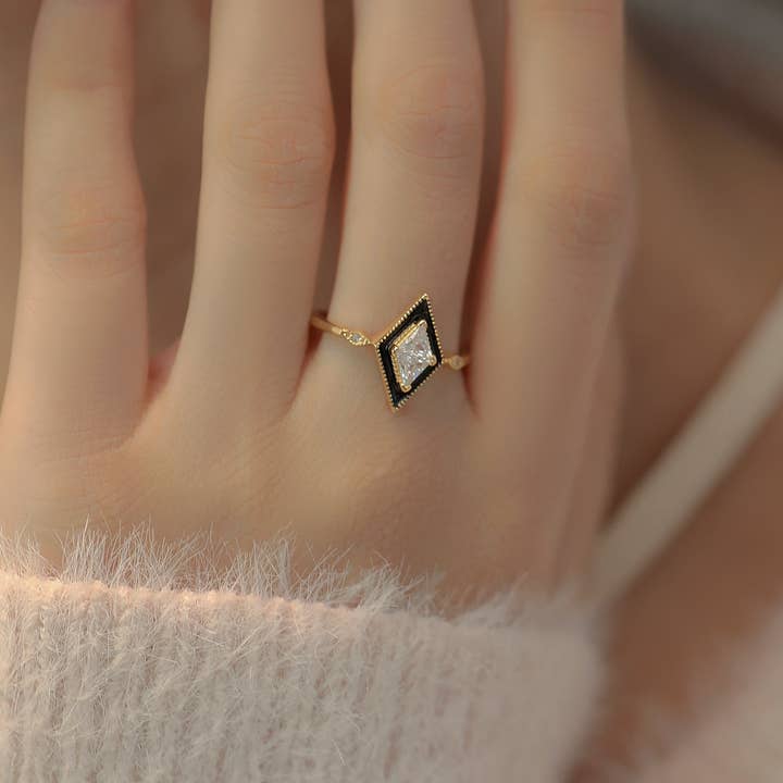 happyzzzsu - Wholesale Multi-Stone Ring - Sterling Silver Gold Plated Black Rhombus Ring2