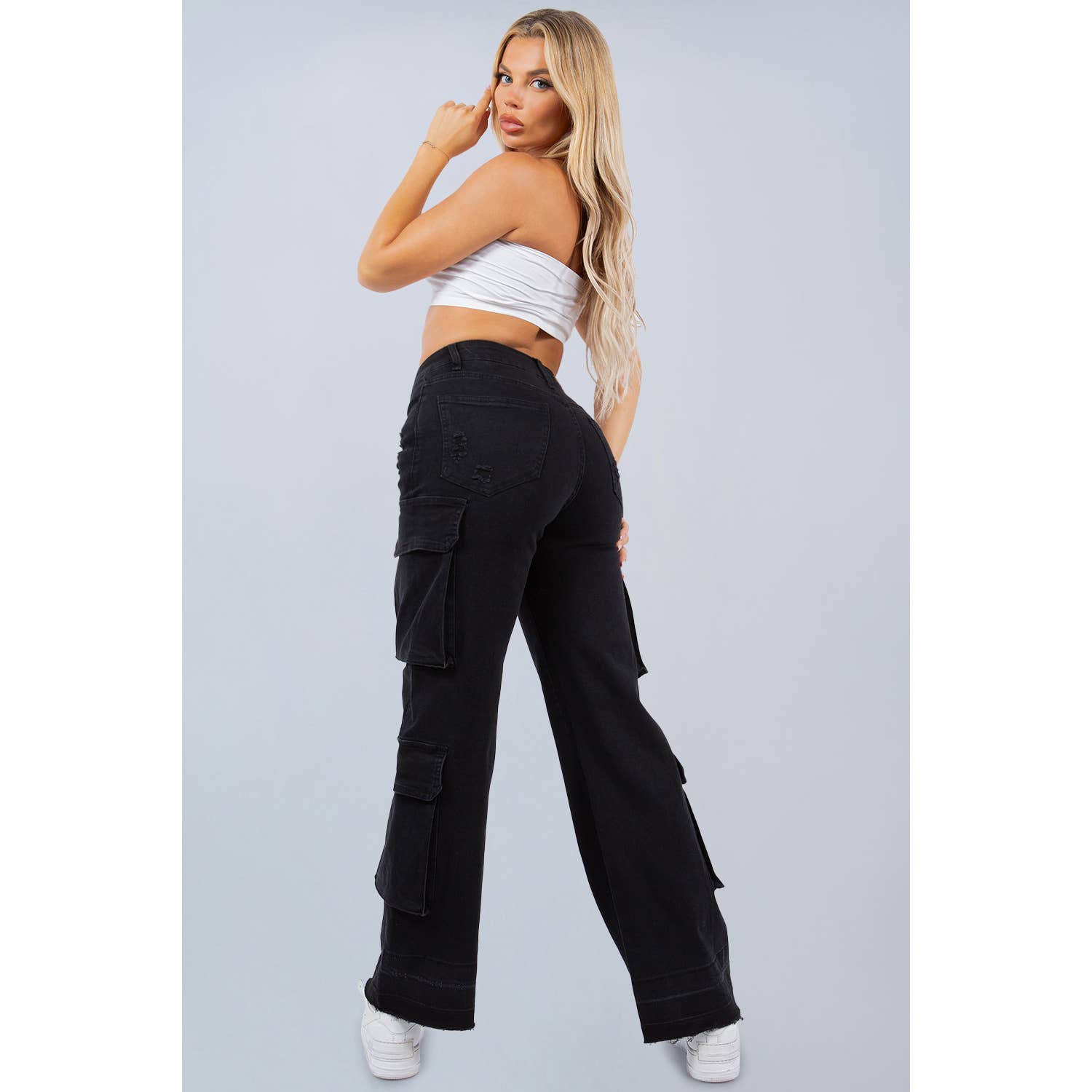 Nero Jeans cargo super elasticizzati con quattro tasche con tasca 3D RH2203 neri in vendita all'ingrosso su Faire3