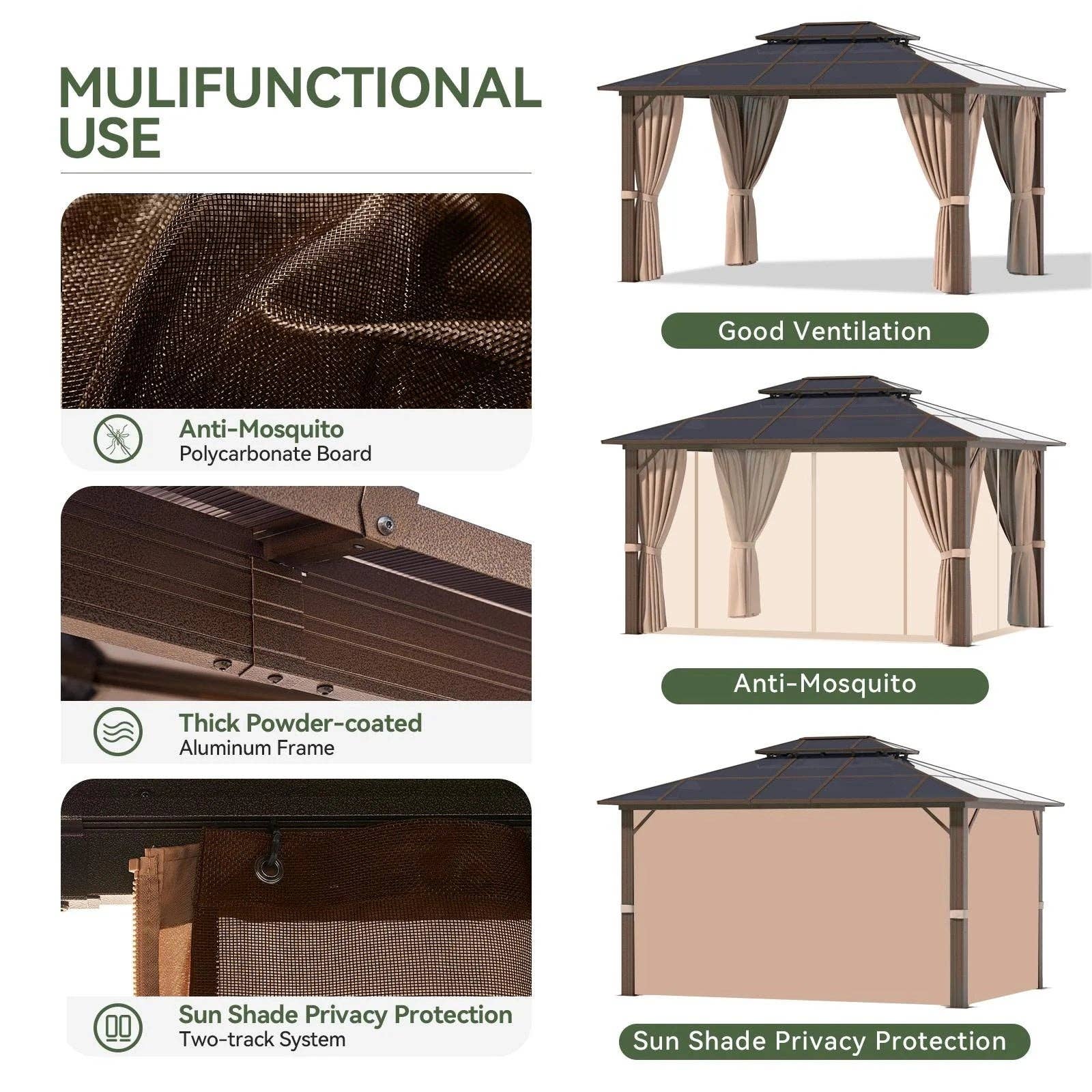 ShipItFurniture - Wholesale Outdoor Ornament/Decor - 10 Ft. X 12 Ft. Hardtop Gazebo, Double Polycarbonate Roof Aluminum Frame Gazebo W/Curtain and Netting, Brown3