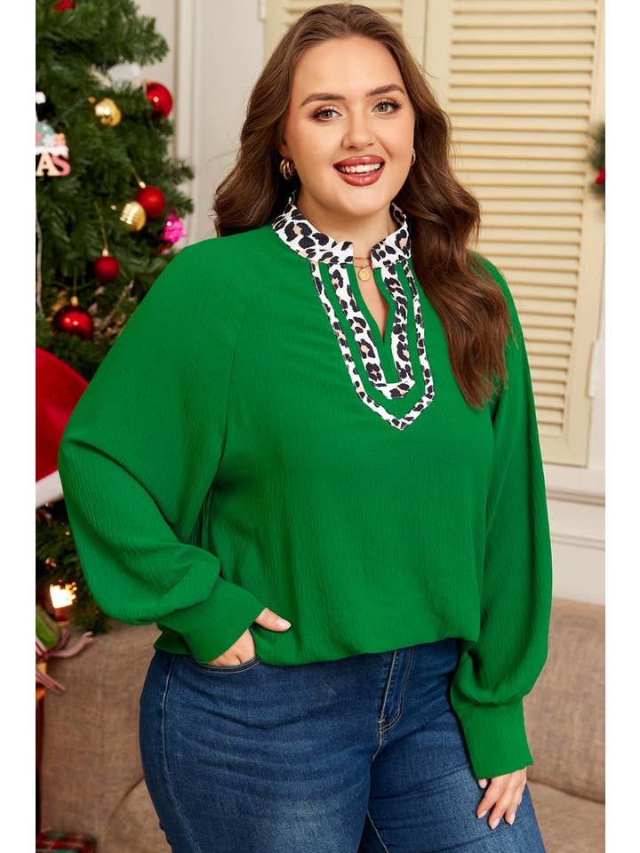 Green Plus Size Leopard Contrast Trim Puff Sleeve Blouse for wholesale on Faire2