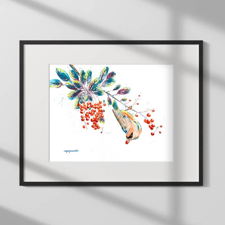 Impression - Cedar Waxwing et Toyon pour la vente par nguyen musto artworks