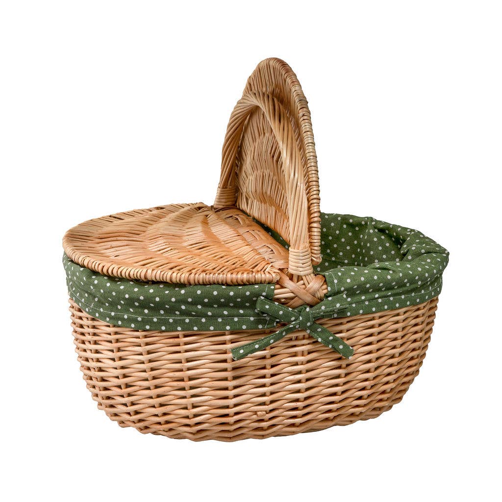 Arthur Cameron - Wholesale Picnic Basket - Natural Oval Picnic Basket with Fern Green Polka Dot Lining3
