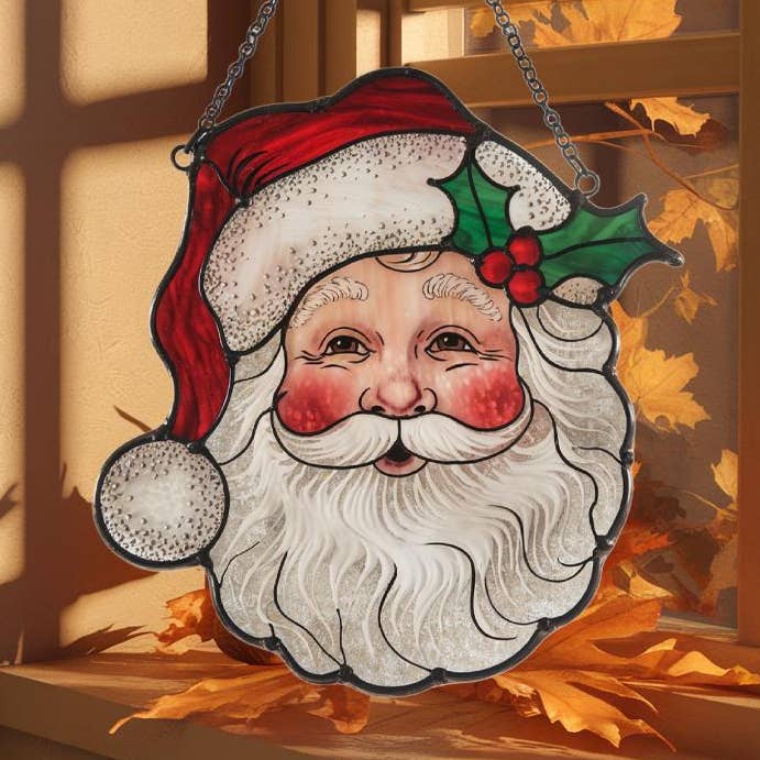 Santa Claus Face with Holly Leaves Acrylic Window Hanging for wholesale by TMLECOM LTD