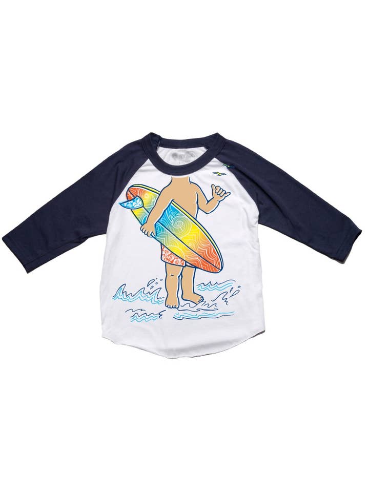 Raglán surfista para niños pequeños en blanco/azul marino para venta al por mayor de Peek-A-Zoo