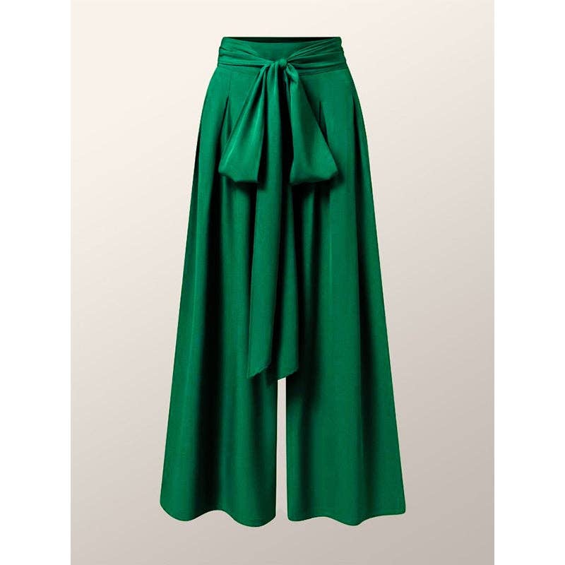 GREEN Loose Wide Leg Pleated Solid Color Tied Waist Pants Trousers for wholesale on Faire2