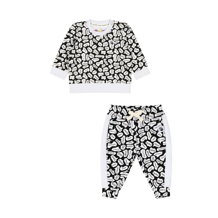 Conjunto de sudadera con cuello redondo y pantalones deportivos para bebés, negro/blanco/Hello para venta al por mayor de Mixed Up Clothing