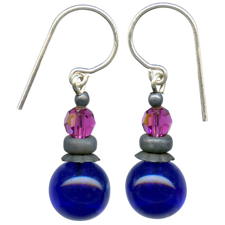 BOBLER 2 - KOBOLTGLAS ØRERINGE, FUSCHIA KRYSTAL, BRONZE for engroshandel hos Owen Glass Collection