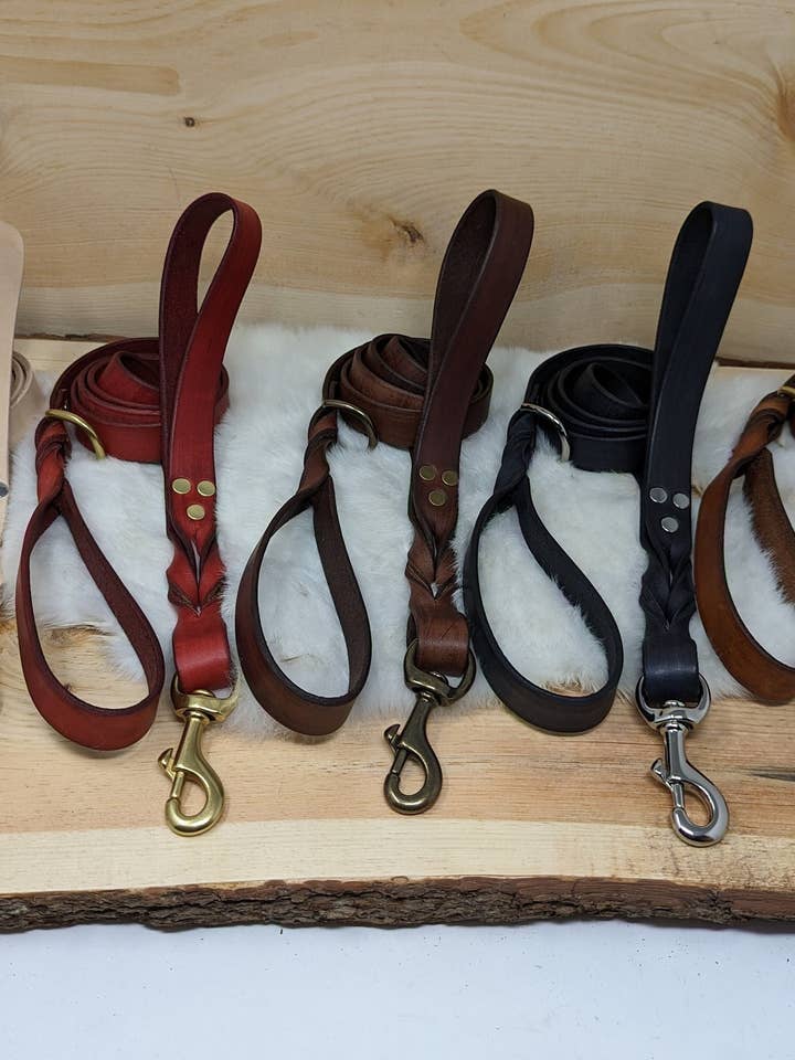 Personalized Leather Dog Leash with Optional Name Plate for wholesale by Frost & Ember Creations, LLC