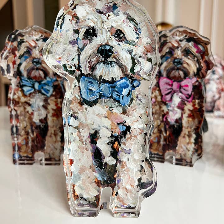 Chelsea McShane Art - Wholesale Decorative Figurine - "Cavapoo Blonde With Blue Bow" acrylic shelfie