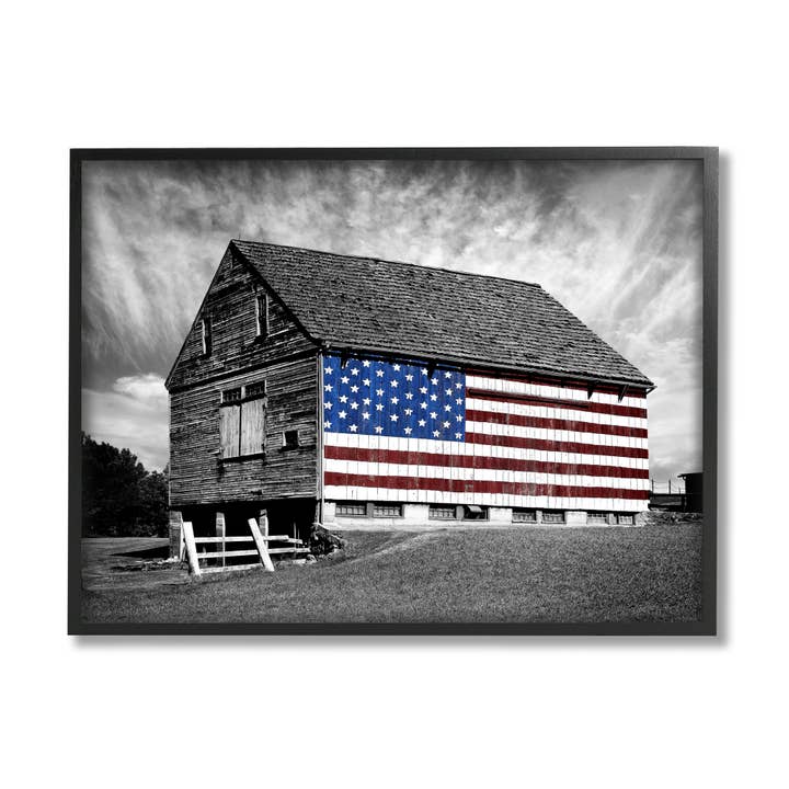 Stupell Industries - Wholesale Kunstprint - zwart-wit boerderij schuur Amerikaanse vlag ingelijst