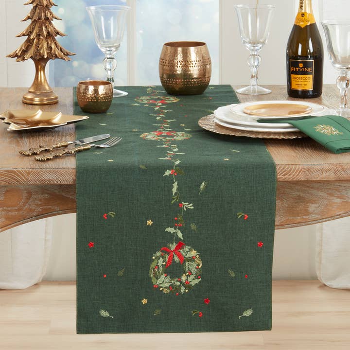 Green Embroidered Wreath Table Runner - 16"x70" for wholesale by Fennco Styles