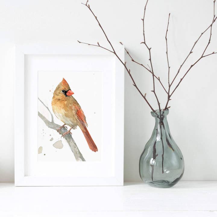 Stampa acquerello con ramo cardinale femminile, pittura a uccelli per la vendita all'ingrosso da parte di Studio Tuesday