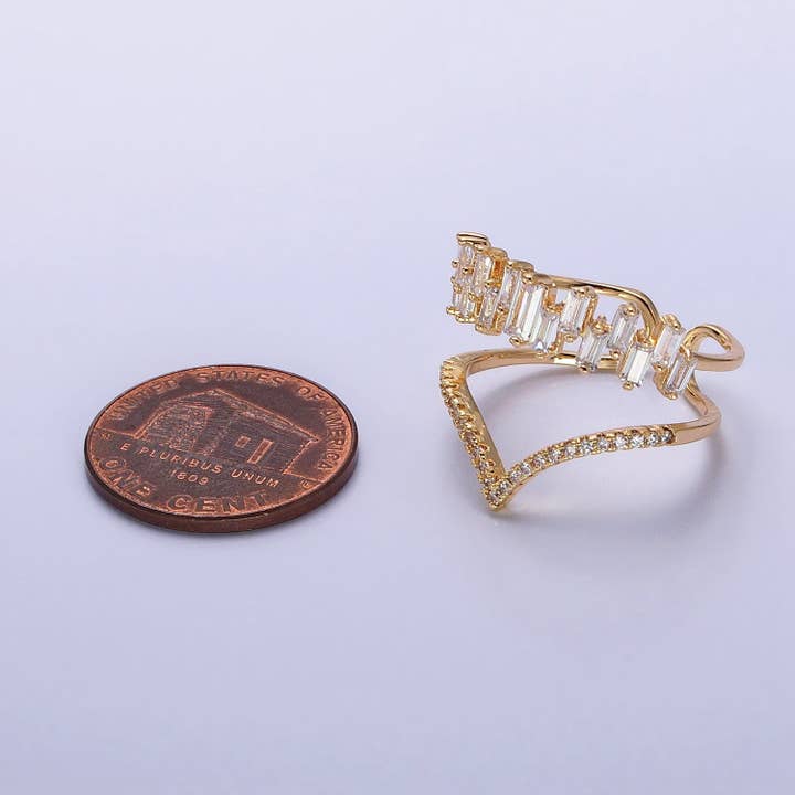 Aim Eternal - Wholesale Multi-Stone Ring - Gold Plated Curve Baguette CZ Diamond Chevron Ring