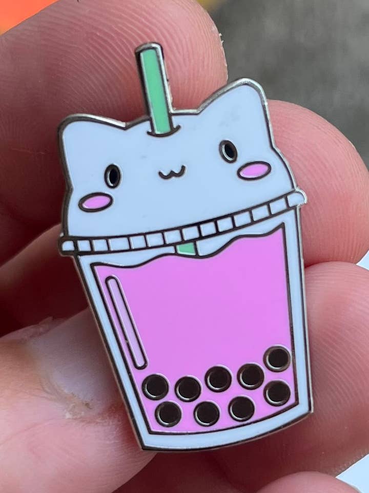 Cat Boba Tea Enamel Pin for wholesale by Purple House Studio