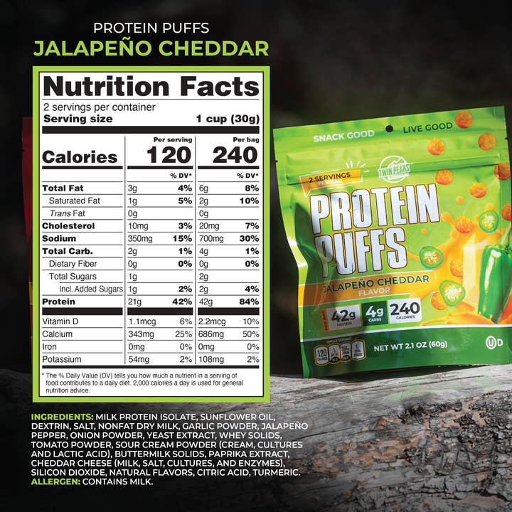 Twin Peaks Ingredients - Wholesale Puffed Snack - Protein Puffs - Jalapeño Cheddar 2.1 oz (60g)