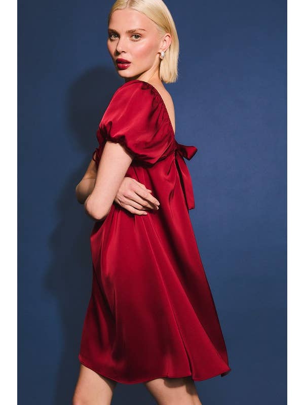 Crimson PUFF SLEEVE SATIN DRESS for wholesale on Faire