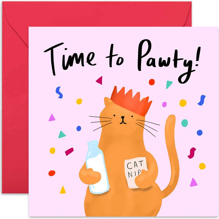 Time To Pawty Cat Card - Birthday Card - Funny Cat Card for wholesale by Old English Company