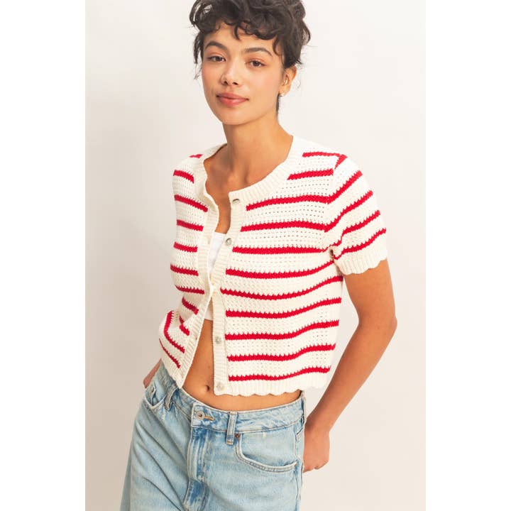 Cardigan rayé à manches courtes avec bord festonné pour la vente par Double Zero