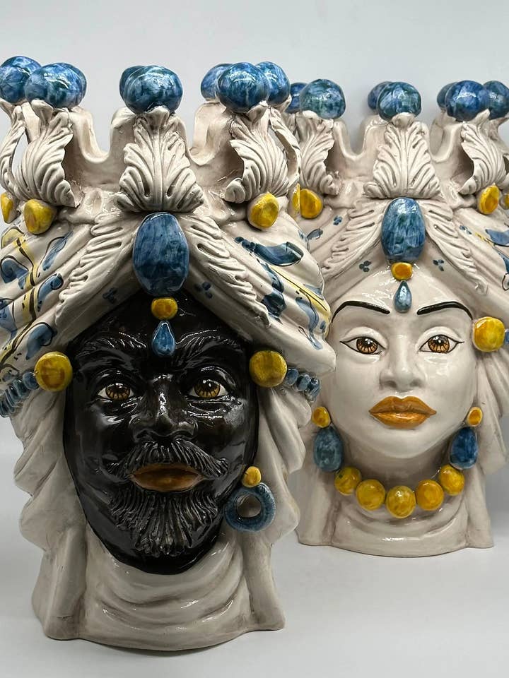 Teste di Moro Seicento Ceramica Caltagirone cm H.40 L.26 Handcrafted Blue Yellow for wholesale by DD Ceramiche Siciliane