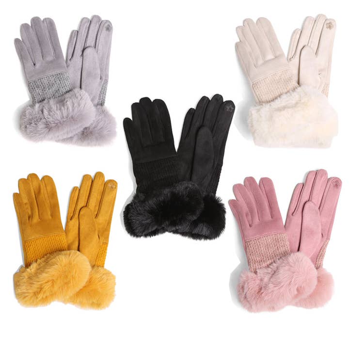 Women's Solid Suede Faux Fur Cuffed Touch Gloves for wholesale by Fashion City