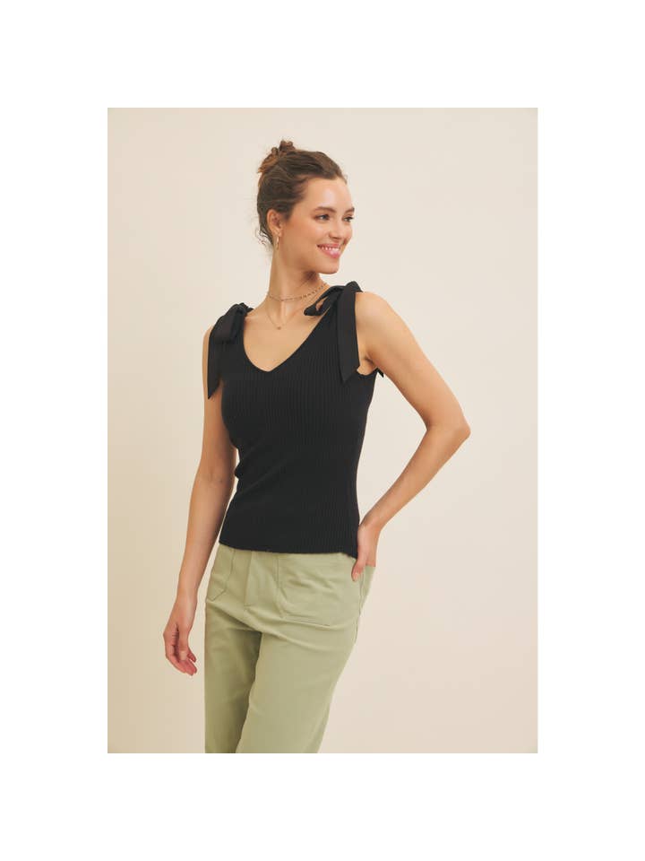 in february - Wholesale Knit Sweater - Women's - MIXED MEDIA SHOULDER TIE STRETCHY RIB SWEATER TOP
